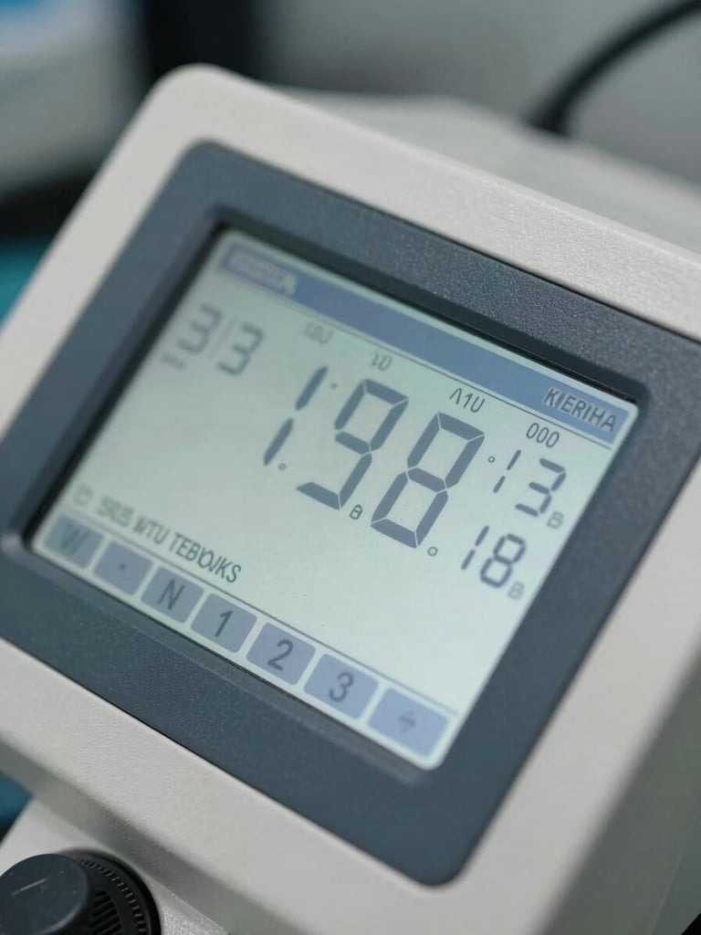 Macro close-up of a digital water analyzer screen showing precise decimal metrics, high-contrast utility lighting on a clean instrumentation panel
