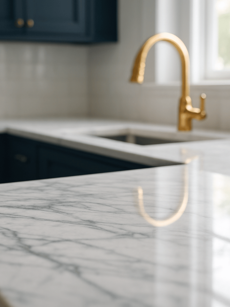 Close-up of a polished marble countertop in a high-end kitchen, soft natural light reflecting off the flawless stone, gold faucet in the background, clean reflections, 35mm