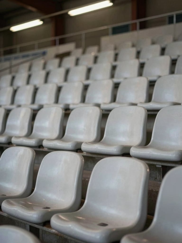 Close-up of freshly cleaned stadium seating rows under flat overhead fluorescent light, uniform surface finish visible across each seat back, no occupants, tight environmental framing