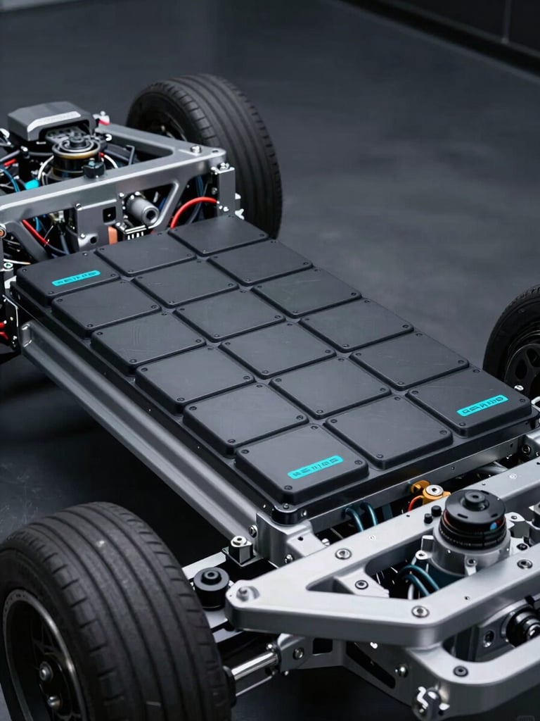 Macro technical shot of an exposed electric vehicle chassis showing the battery pack layout and electric motor drivetrain, high-contrast cyan accents.