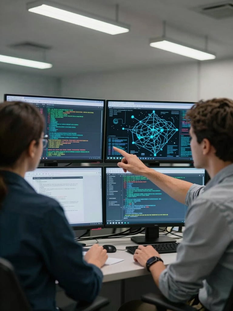 Medium shot of two SOC analysts seated at adjacent workstations, both focused on dual-monitor setups displaying scrolling log data and network topology maps, fluorescent overhead lighting, cool institutional environment, one analyst pointing at a screen mid-decision, no eye contact with camera