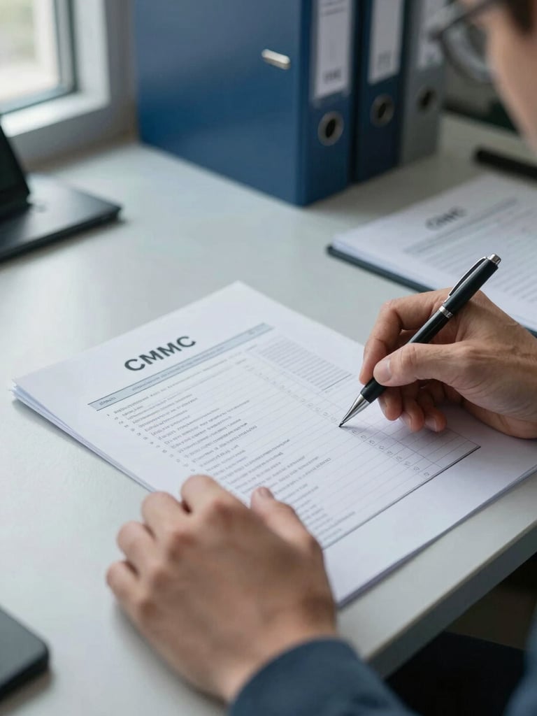 Close-up of hands reviewing printed CMMC compliance documentation at a workstation, pen marking a checklist line, fluorescent office lighting, cool daylight from a window at left edge, audit binders visible in background