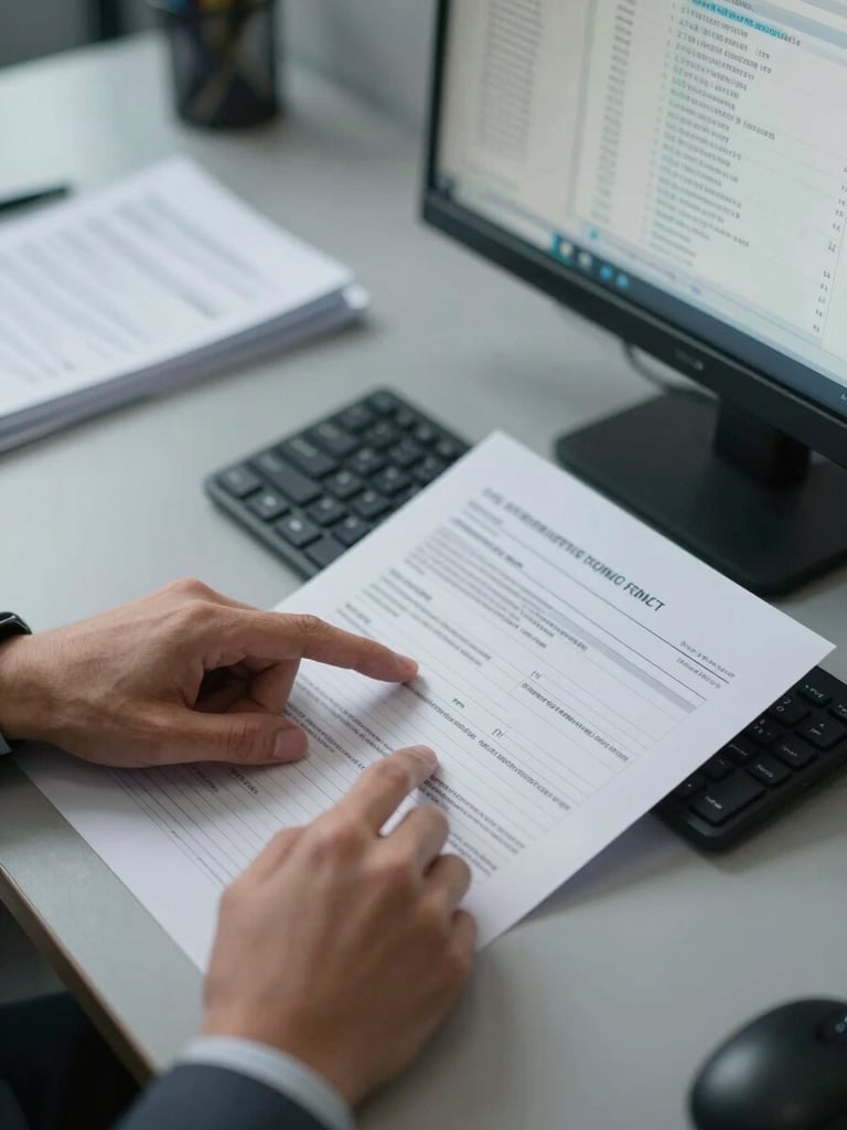 Close-up overhead shot of a compliance analyst's desk under cool fluorescent light, hands pointing at printed audit documentation alongside a monitor displaying network log data, paper and screen in the same frame, institutional gray surface