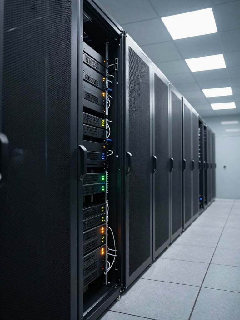 Wide shot of a server room corridor, rack-mounted equipment with blinking status LEDs, overhead fluorescent lighting casting cool shadows on brushed metal chassis, cable management visible, no personnel, institutional and precise framing