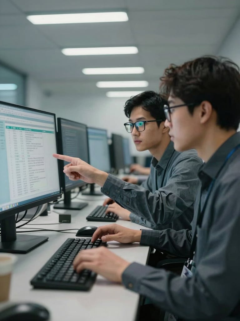 Medium shot of two SOC analysts at adjacent workstations, one pointing at a monitor showing a log anomaly, the other typing a response command, overhead fluorescent lighting casting cool institutional shadows, screens reflected in their glasses, framed from mid-distance to show both the people and the data simultaneously