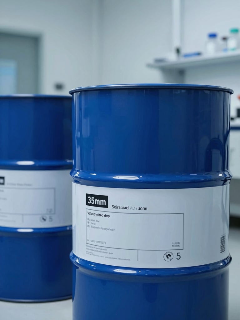 Professional close-up of sealed chemical drums with clear technical labeling, clean laboratory lighting, deep blue tones
