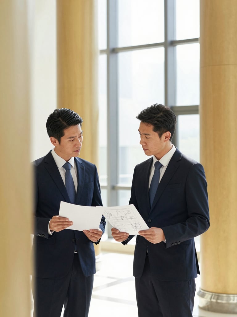 Professional business meeting, two people discussing technical schematics, clean corporate photography, bright natural daylight, deep navy and warm gold accents, architectural framing, medium shot
