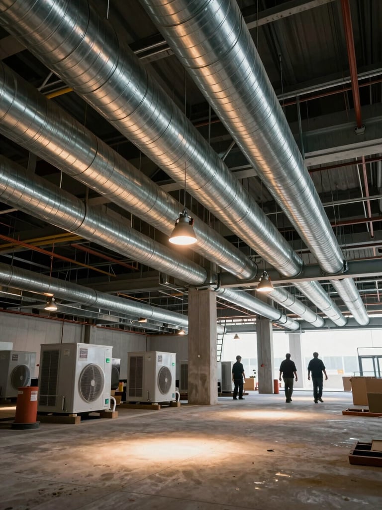 Wide environmental shot of an ongoing HVAC installation inside a commercial building shell — ductwork suspended from concrete slab, workers' silhouettes visible mid-frame, industrial tungsten work lights casting warm pools on galvanized steel, exposed structural columns in background