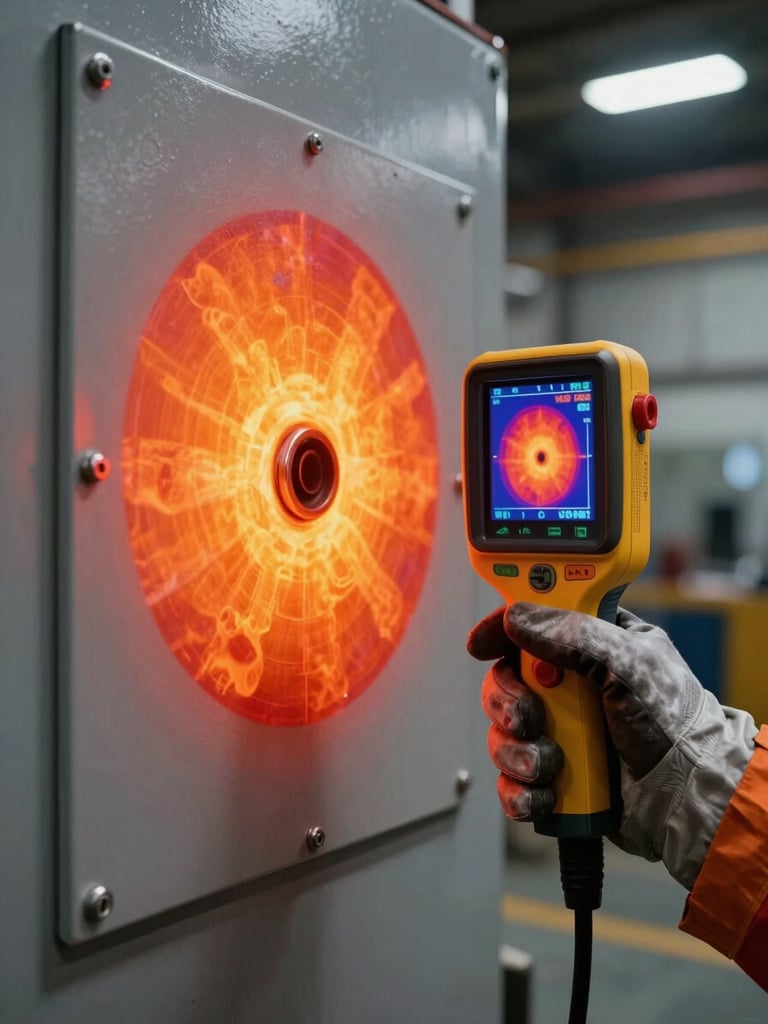 Thermal imaging camera display showing a false-color heat map of an industrial wall panel, warm orange and red zones visible around a conduit penetration, engineer's gloved hand holding the device, harsh warehouse ambient light