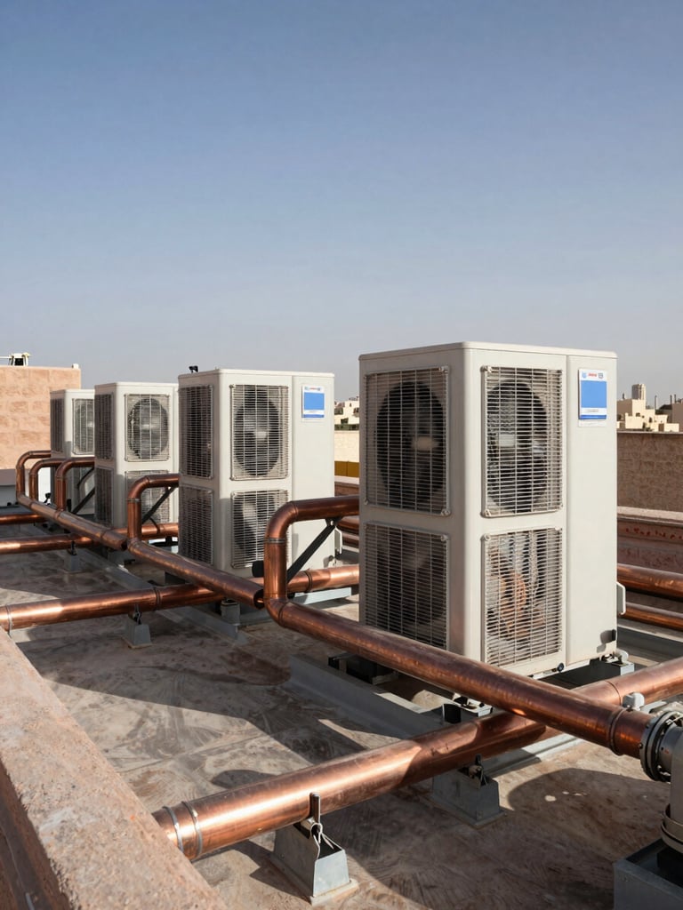 Wide environmental shot of a large rooftop HVAC installation in Morocco, copper pipe runs and steel ductwork in sharp detail, industrial daylight from the left casting hard shadows across the equipment, distant city skyline visible to the far right