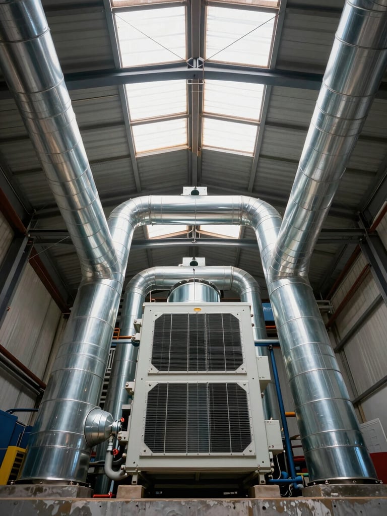 Overhead sectional view of a completed industrial HVAC installation inside a Moroccan warehouse, galvanized ductwork runs converging toward a central air-handling unit, industrial daylight entering through roof vents, steel structure visible above