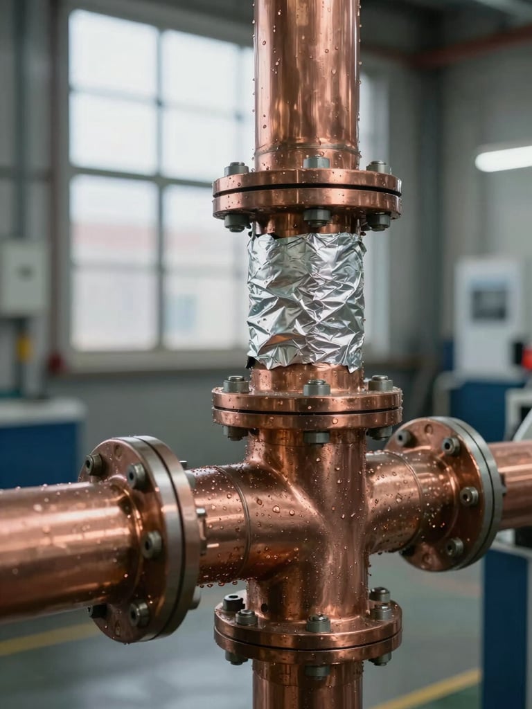 Close-up of a copper refrigerant pipe manifold with insulation lagging partially removed, industrial ambient light from a high warehouse window, condensation visible on the pipe surface, steel brackets and fasteners in sharp focus