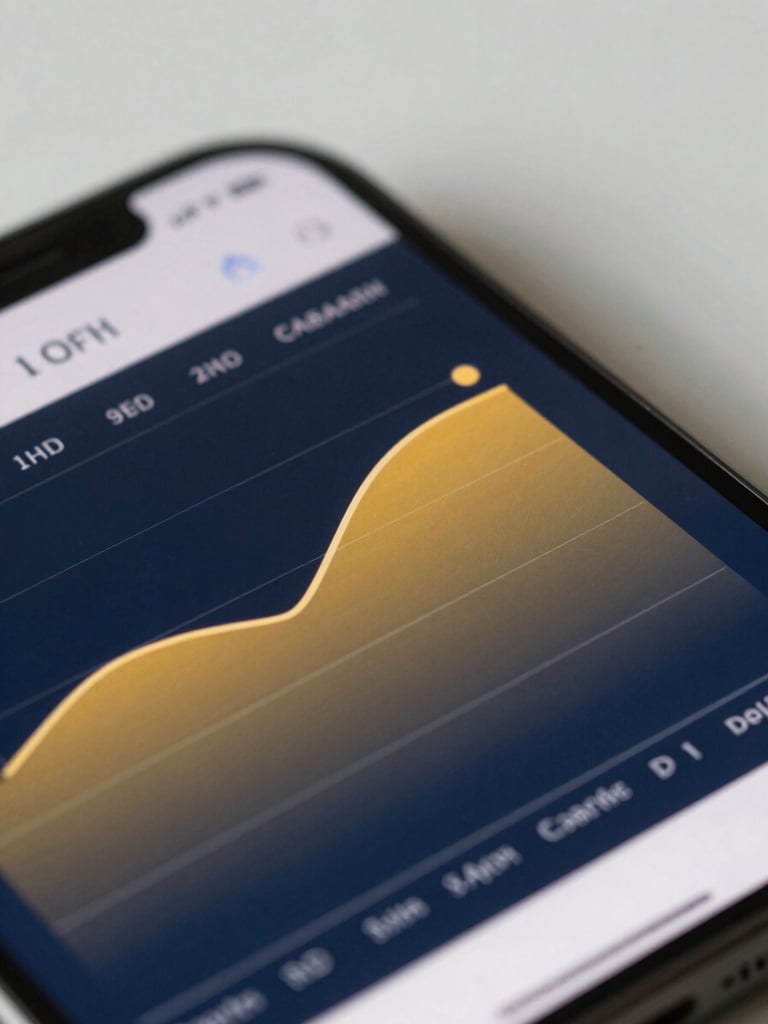Close-up of a clean mobile screen displaying a predictive health chart with a smooth upward curve, clean UI elements in marigold and slate-navy, soft daylight reflection