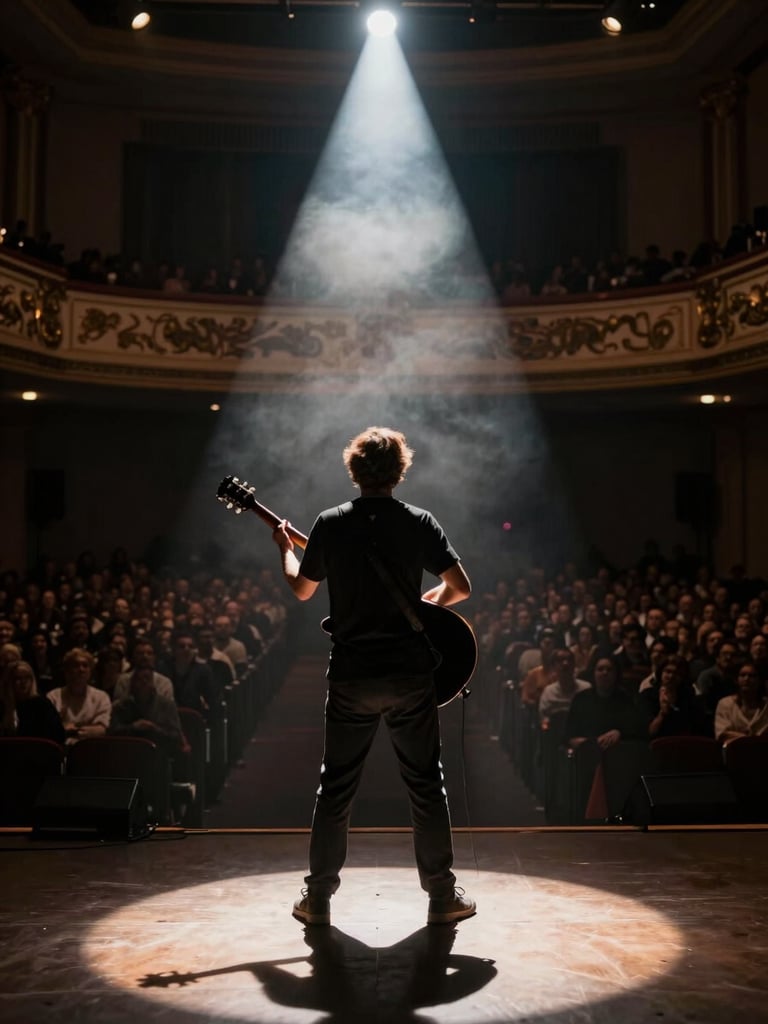 Wide vertical frame — Marc Florence on a dimly lit stage, back half-turned to the audience, guitar raised, a single amber spotlight carving deep shadow across his silhouette; smoke drifts through the beam, concert hall swallowed in darkness behind him