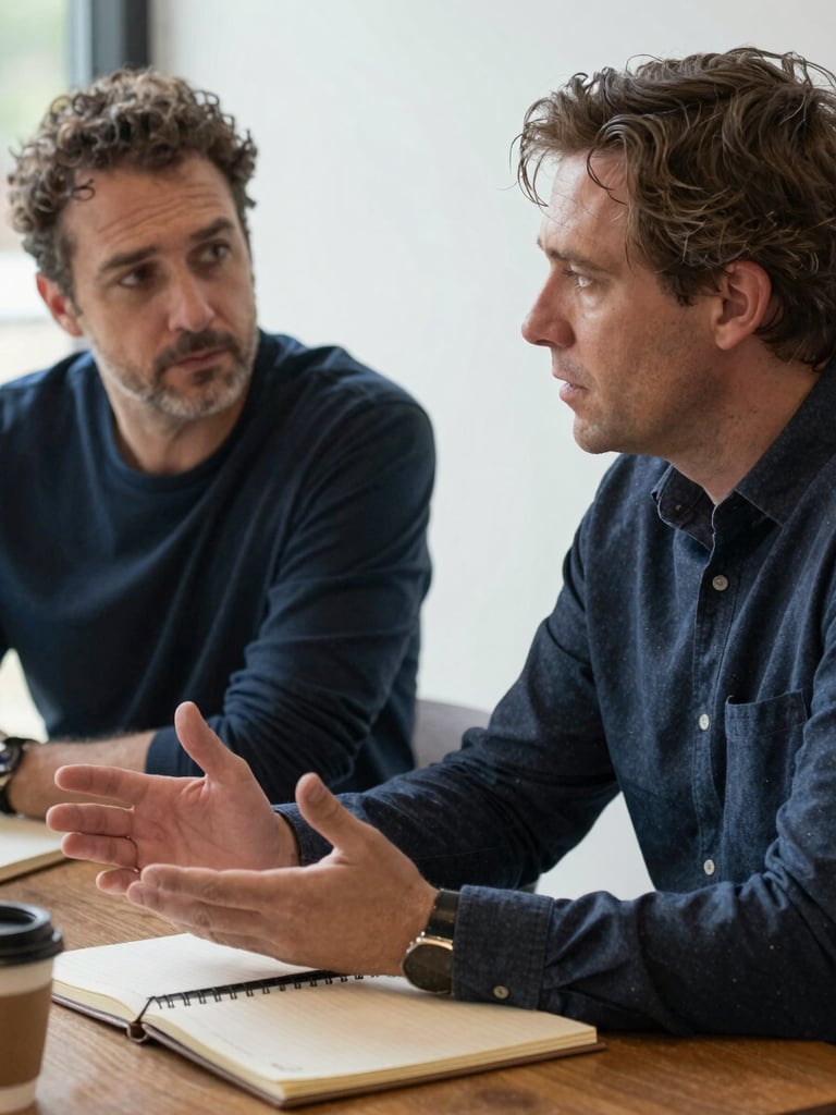 Close documentary frame of two adults in mid-conversation at a table, one leaning forward with hands open, the other listening with eyes focused, a notebook and coffee cup visible at the edge, natural room light, candid and unposed