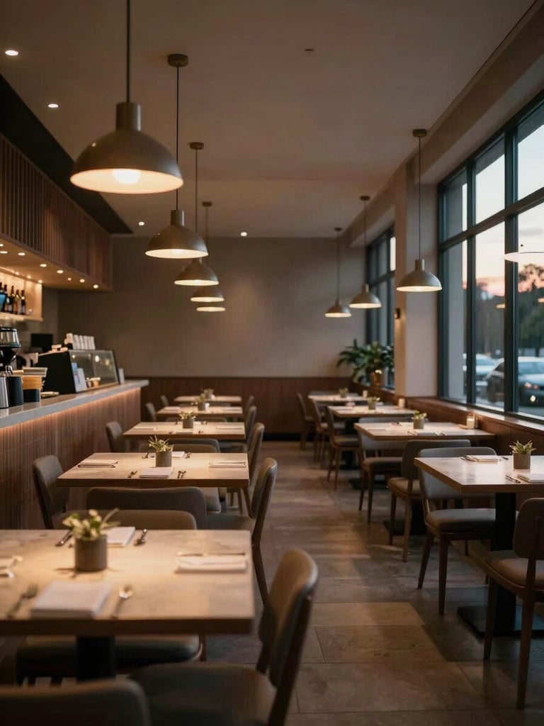 Wide interior shot of an empty restaurant dining room at dusk, pendant lights warming the space, bare tables arranged in long rows, a service station visible in the background, no people, natural fading daylight from windows on the right
