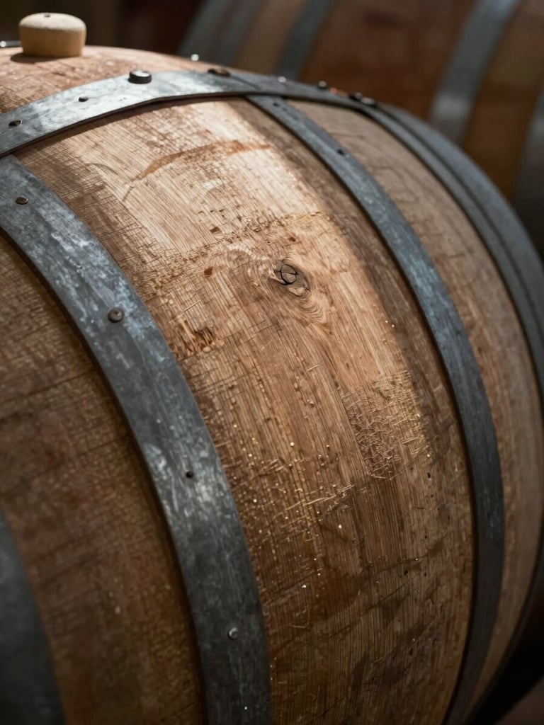 Close-up of oak barrel staves stacked in an Austrian cellar, cool north-facing daylight raking across the wood grain, no people, minimal depth of field showing the timber texture