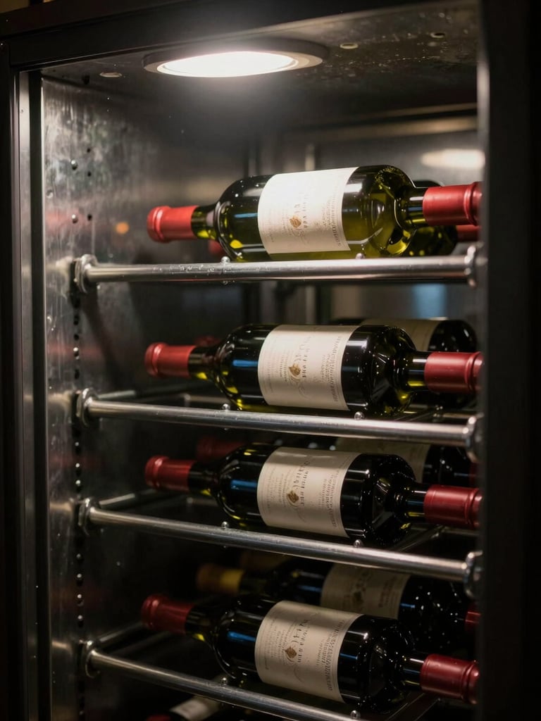 Close-up of wine bottles in dark steel racking inside a temperature-controlled cellar, labels partially visible, available cool light from a single overhead source, no people, no styling