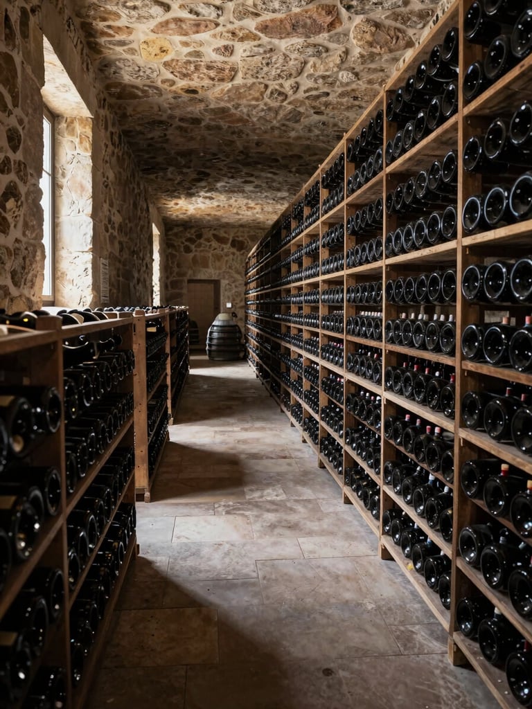 Wide shot of a European wine cellar interior, floor-to-ceiling bottle racking receding into soft shadow at the far end, stone walls, available daylight filtering from a high narrow window to the left, no people, no labels foregrounded