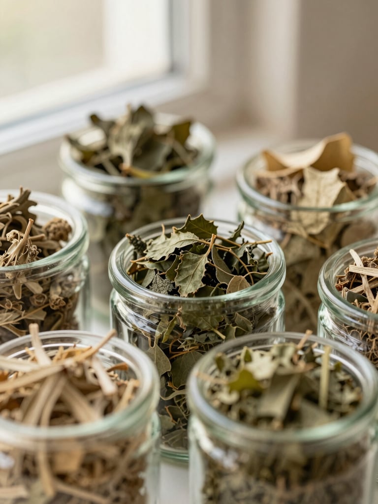 Macro close-up of raw Ayurvedic botanicals in clean glass vessels, soft directional window light, shallow depth of field, cream tones.
