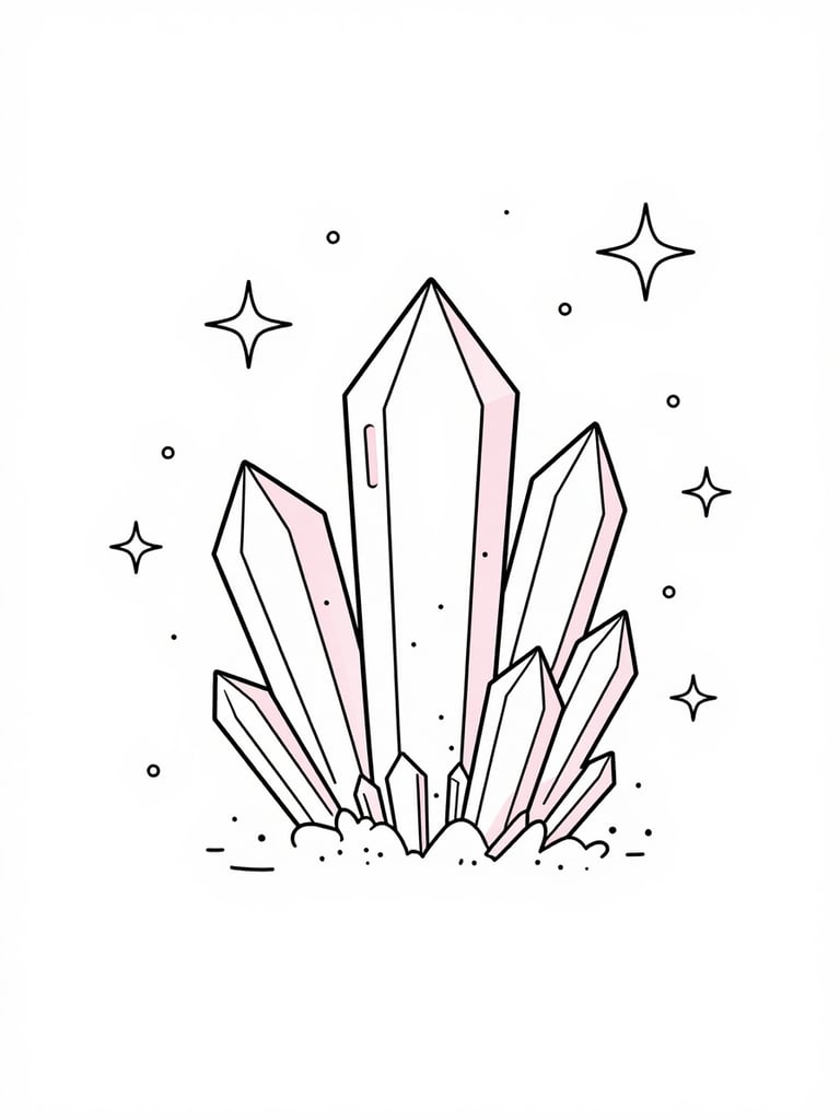 Flat vector illustration of a delicate crystal cluster surrounded by celestial starbursts and fine line art, minimalist white background with soft pink highlights