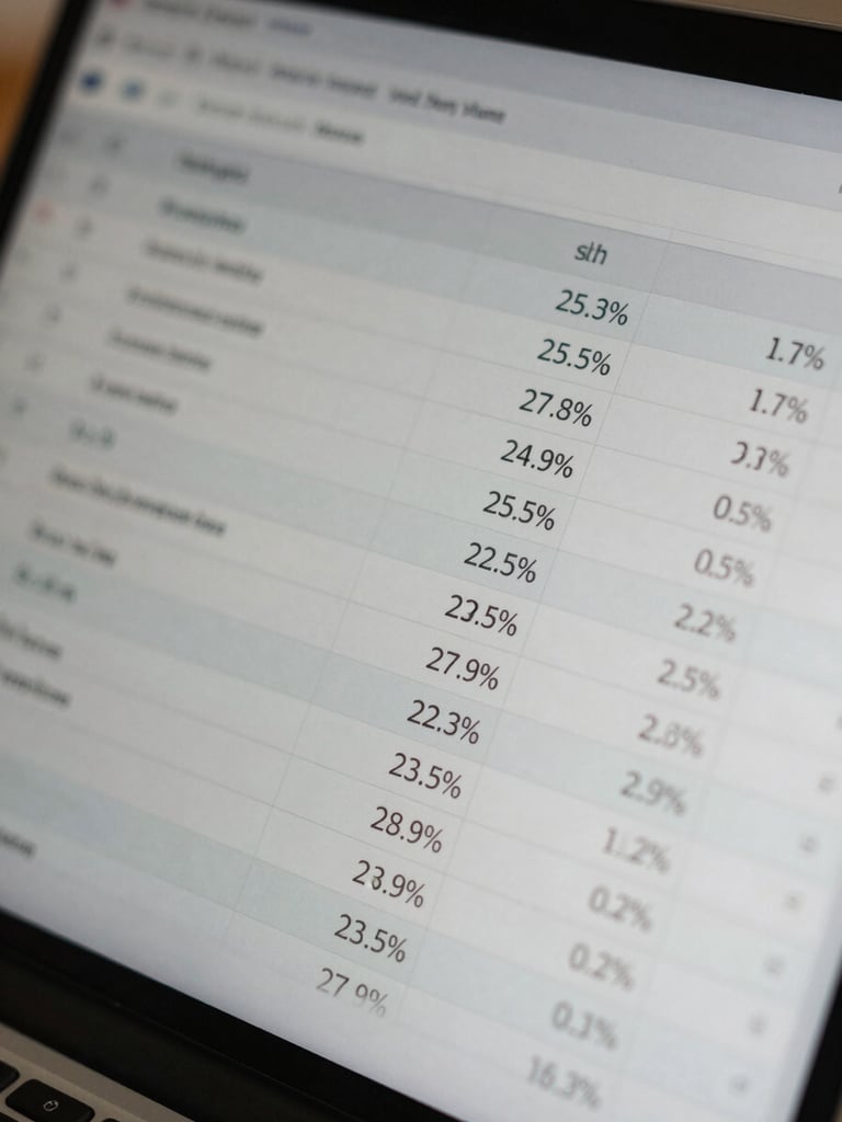Macro detail of a clean financial spreadsheet on a modern digital screen, focused on margin percentages, warm natural daylight reflecting on glass.