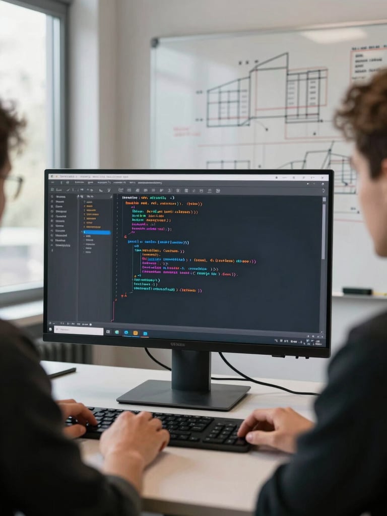 Wide environmental shot from inside a working technical session — two people at a large monitor showing a code review diff, natural north-facing daylight from a window to the left, hands visible on the keyboard in the foreground, the whiteboard behind them covered in architecture diagrams, no faces turned toward the camera