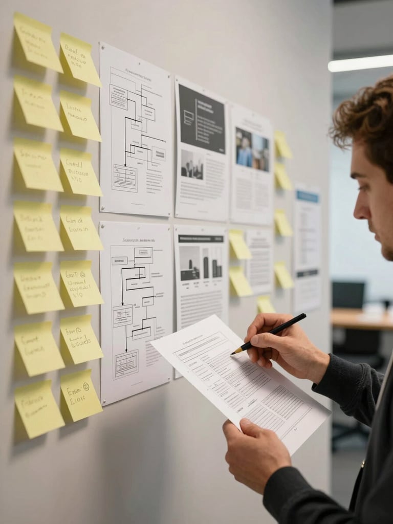 Wide panoramic shot of a project retrospective in progress — a wall of sticky notes and printed deployment artifacts to the left, a practitioner's hands annotating a printed architecture review document in the foreground right, tungsten warmth of a late working session, no posed faces visible