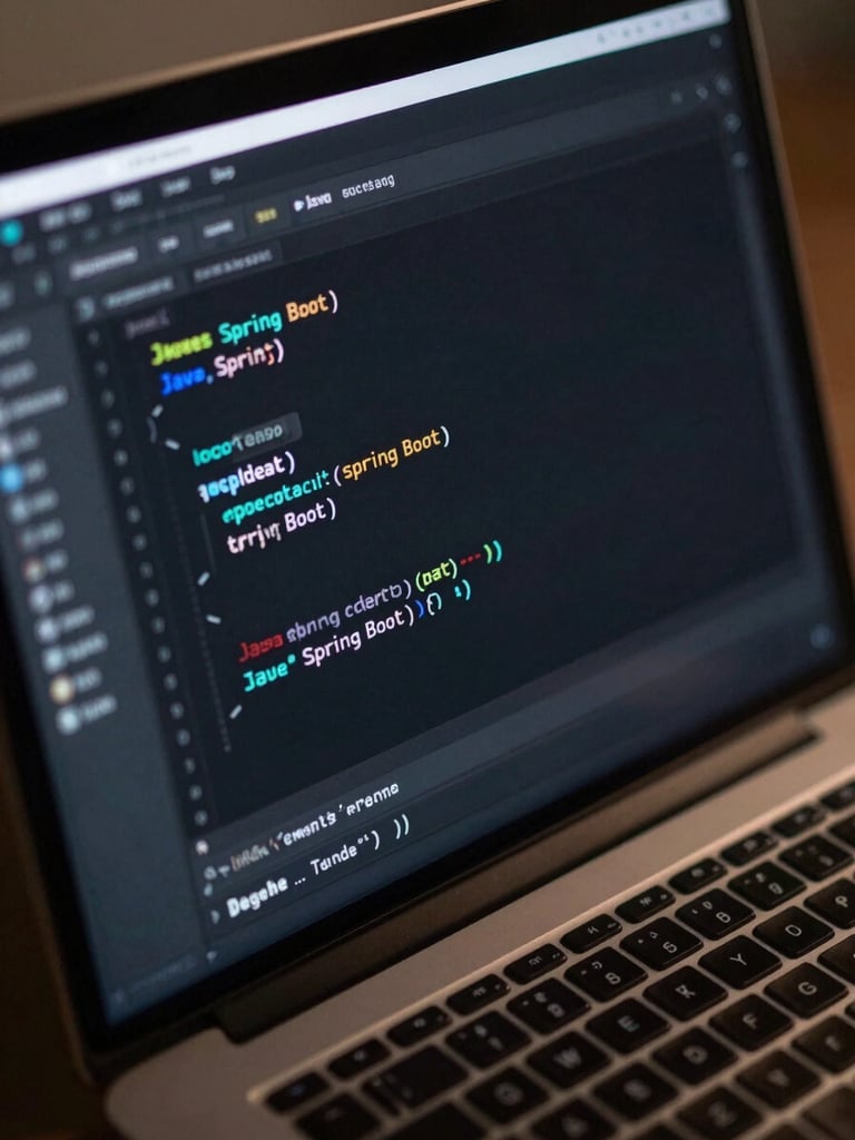 A close-up isometric view of a dark-themed code editor showing clean Java Spring Boot code, with subtle cyan screen glow on a sleek laptop screen.