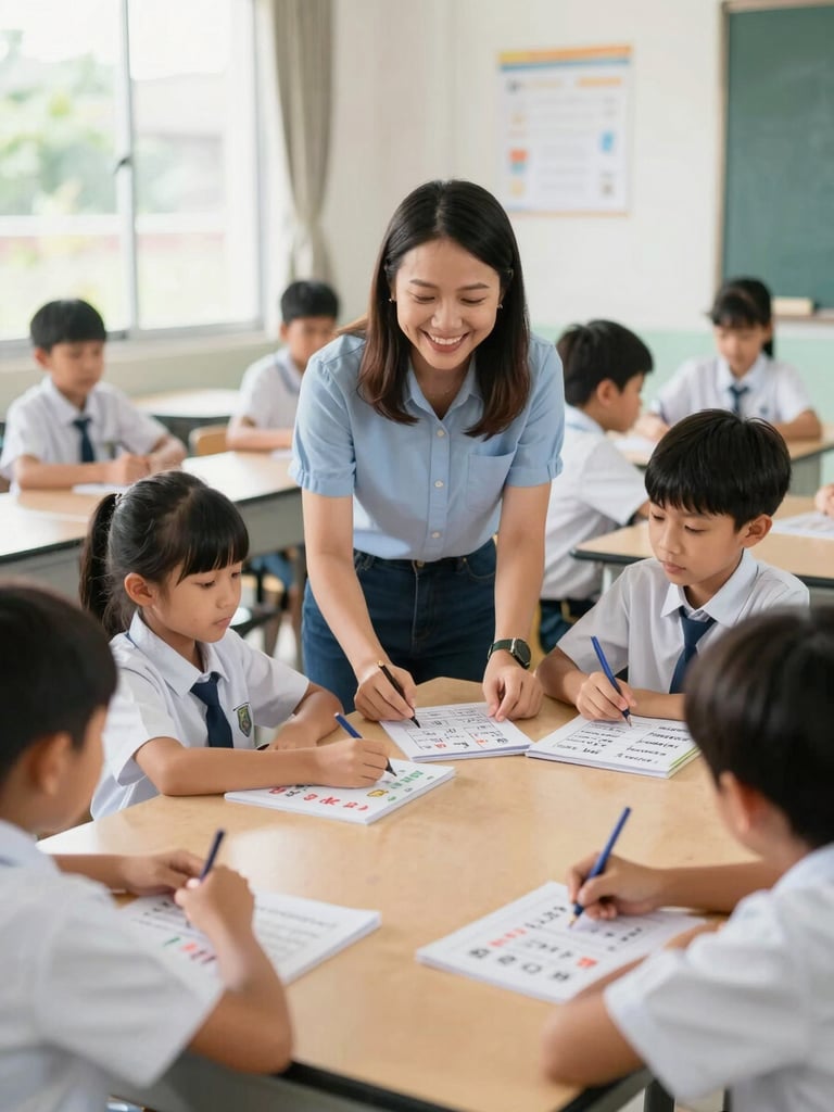A bright, airy classroom in Thailand with a smiling teacher guiding young students through an interactive English vocabulary game, natural daylight, candid environmental portrait