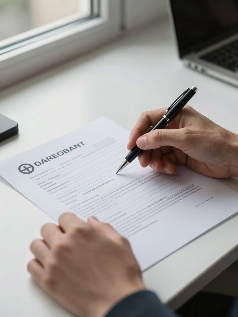 Close-up of hands reviewing a trademark registration form on a clean desk, natural window light from the side, pen resting on the document, organized and unhurried atmosphere, editorial framing