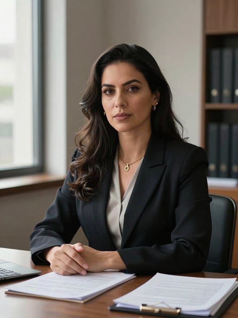 Close portrait of a Brazilian woman lawyer at her desk, natural window light from the left, looking directly at camera with calm confidence, legal documents visible on desk surface, muted office background, editorial framing