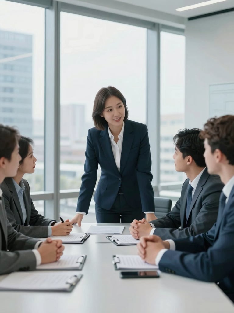 A professional meeting in a modern corporate office, natural daylight, cool blue tones, professional interactions, 35mm lens