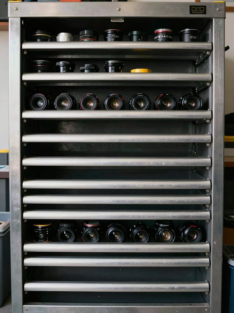 Straight-on architectural shot of a perfectly organized tool cabinet inside a clean garage, brushed metal brackets, symmetrical alignment, natural daylight.
