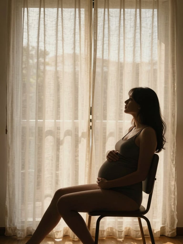 Wide environmental frame, morning light through a sheer linen curtain, a pregnant silhouette seated in a low chair by the window, hands resting gently on her belly, warm golden diffused light, quiet and unhurried