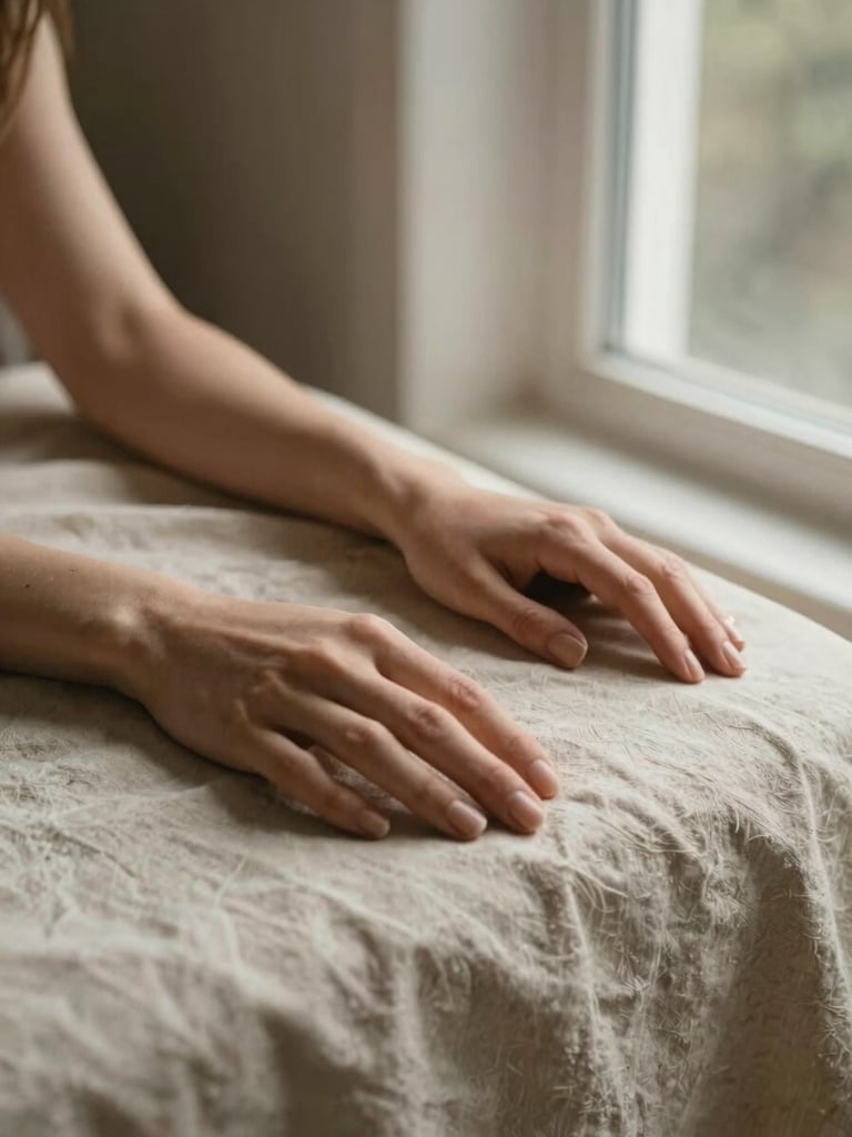 Close frame, warm north-facing window light flooding from the right, a woman's hands resting open on a linen-draped surface, soft cream fabric, quiet and still, intimate domestic calm