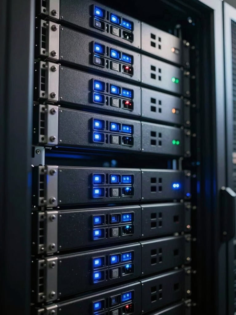 Extreme close-up of a high-density server rack in a Manhattan data center, cool blue status lights casting sharp shadows on dark metal chassis, technical precision, low-key lighting.