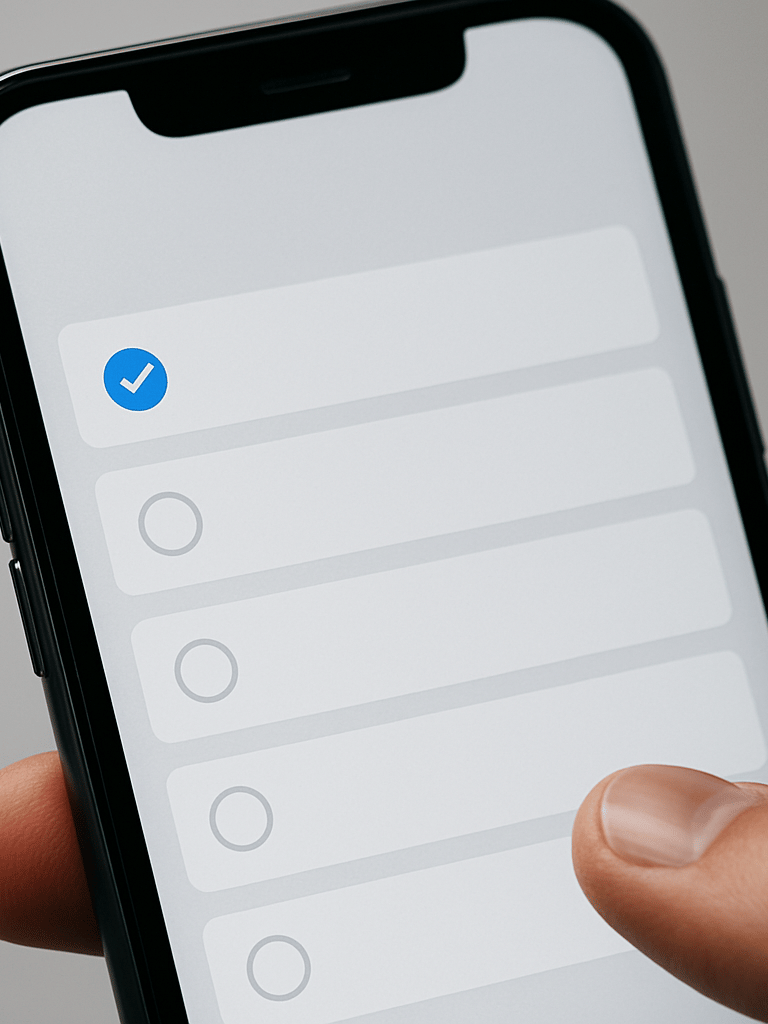 Close-up portrait of an Android phone screen showing a clean task-management interface, a single focused list with precise typographic spacing, clean studio light, tight crop revealing interaction detail
