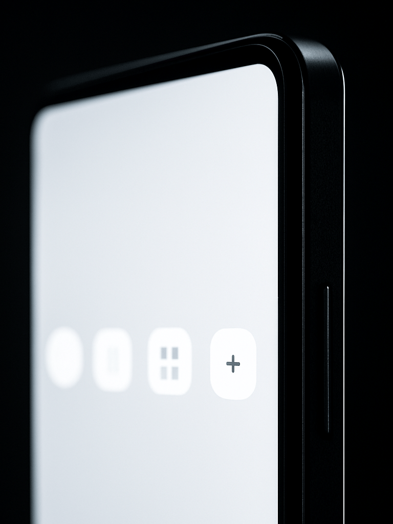 Close-up portrait of an Android phone screen edge-on, a clean minimal UI visible on the display, studio lighting with high contrast against a near-black background, tight crop showing only the device and the glowing interface detail