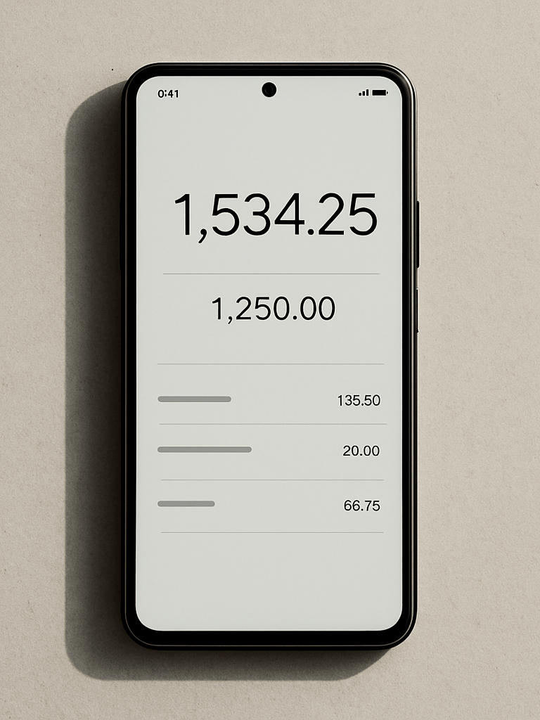 Overhead close-up of an Android phone on a light desk surface, screen showing a minimal personal finance interface with clean numerical typography, natural north-facing daylight, high contrast, no visible hands