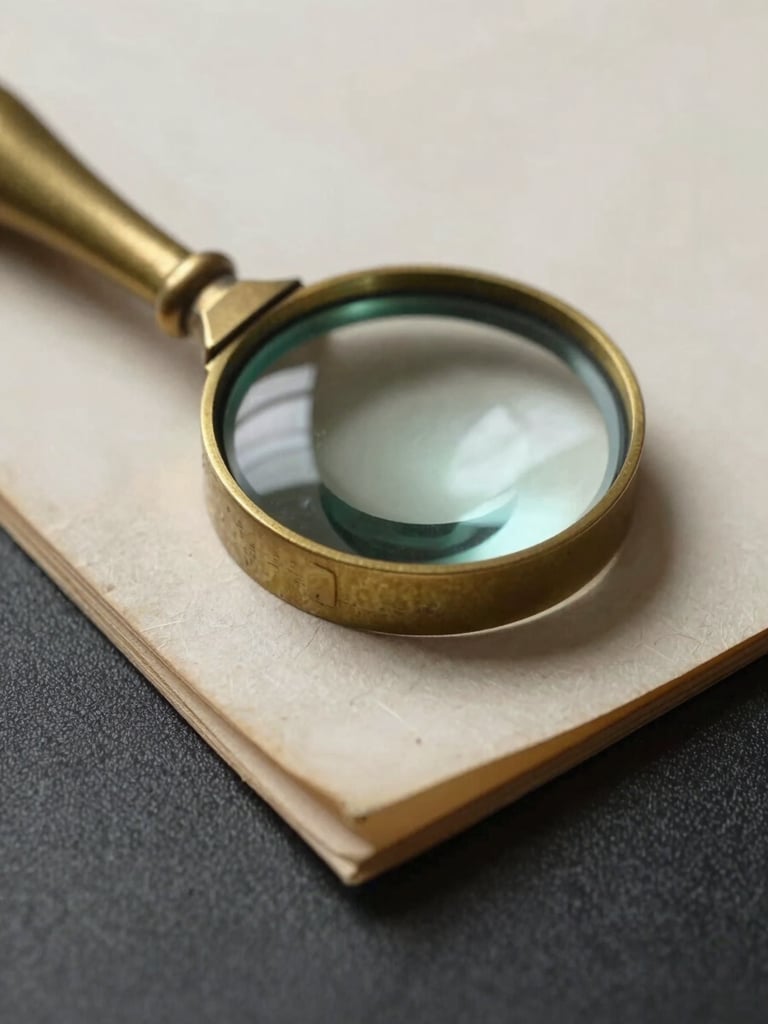 Macro shot of a brass linen tester loupe resting on a 17th-century deckled paper edge, soft directional side-lighting showing paper fiber texture under laboratory conditions.
