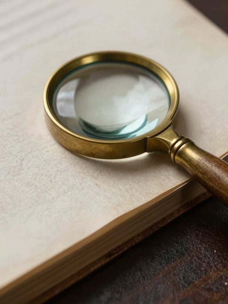 Extreme macro shot of a brass linen tester magnifying glass resting on the deckled edge of 18th-century handmade paper, soft directional side-lighting, deep natural shadows.