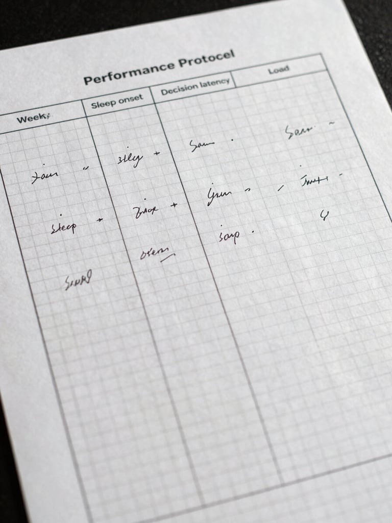 Close overhead detail shot of a hand-written weekly performance protocol on gridded paper — columns for sleep onset, decision latency, and load metrics — lit by clean neutral studio light, no shadows, precise ruled lines visible