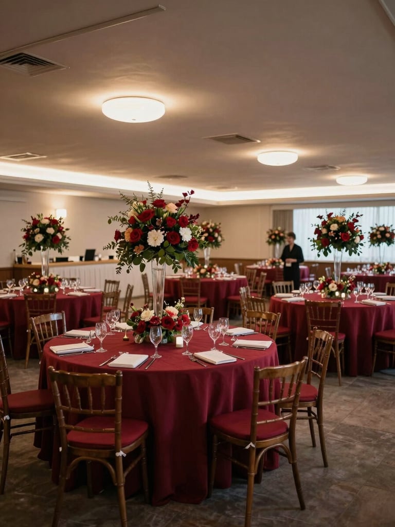 Wide shot of a wedding reception hall mid-setup, round tables draped in deep crimson linen, floral centrepieces being placed by a coordinator in the far background, warm ambient overhead light, generous negative space on the right
