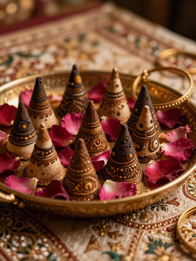 Close-up of a decorated mehndi tray with henna cones, rose petals, and gold bangles arranged on embroidered fabric, warm tungsten light, intimate and still