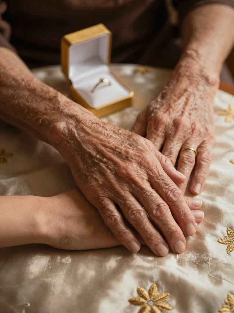 Close-up of two sets of hands resting on an embroidered silk cloth, one elder pair and one younger, warm tungsten light from the left, a small gold ring box softly out of focus in the background, intimate and unhurried