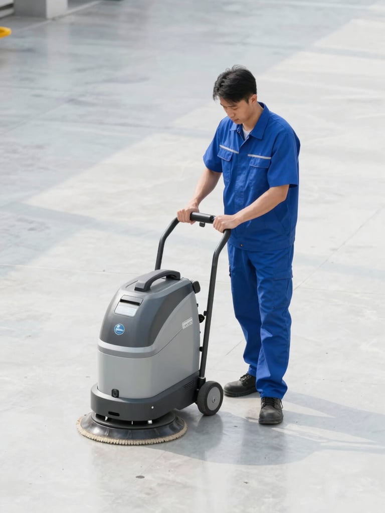 A certified field technician in a clean uniform calibrating a heavy-duty industrial floor scrubber, bright daylight, polished concrete floor, 35mm