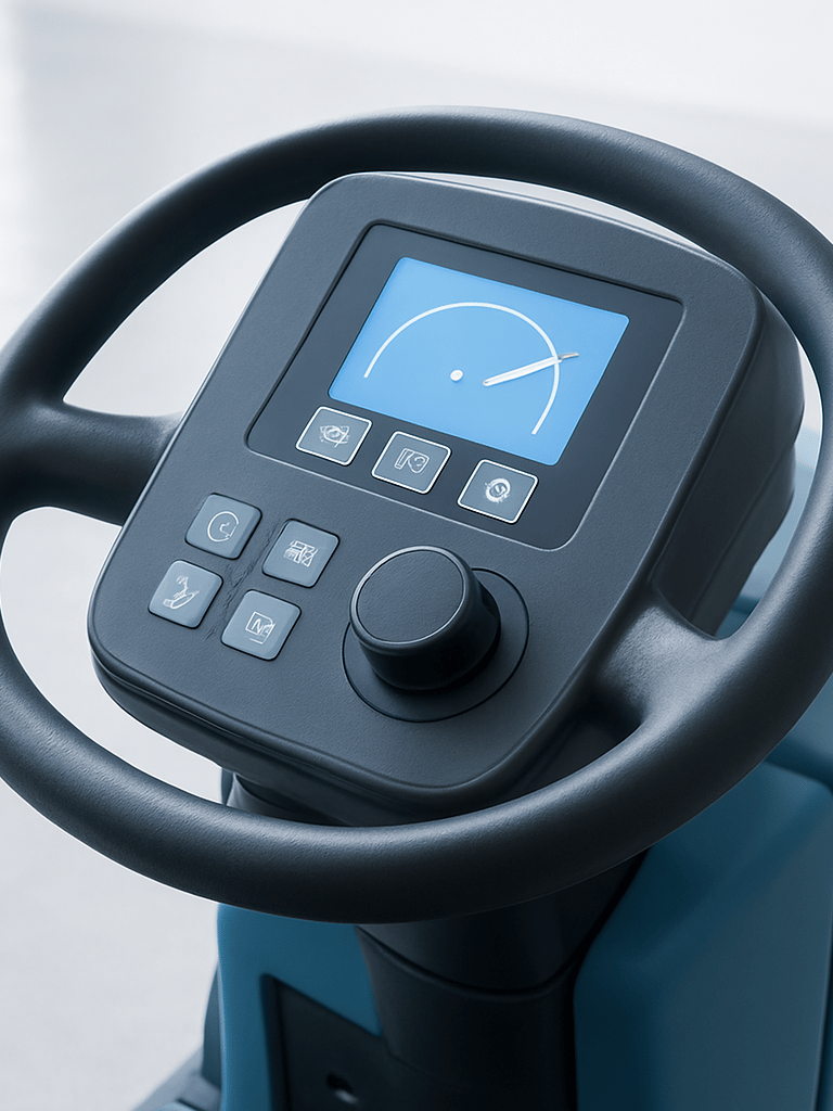 Close-up of a digital control panel on a modern ride-on scrubber-dryer, bright high-key studio lighting, cool white and blue tones, sharp focus