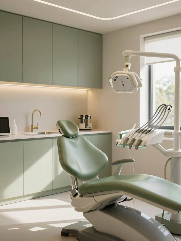 Elegant minimalist dental clinic treatment room, warm natural daylight, soft sage green cabinetry, comfortable modern dental chair, no harsh medical lights, 35mm