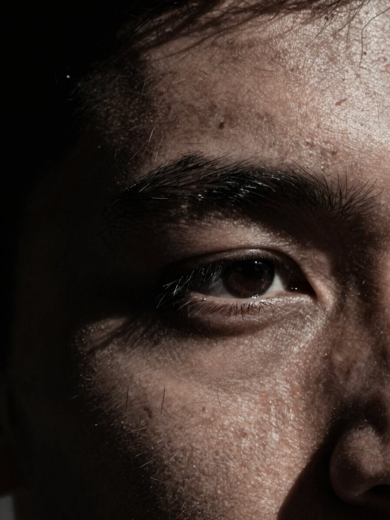 Macro crop of a man's brow and eye in deep shadow, sharp focus, geometric lines, desaturated charcoal tones, dramatic low-key lighting, 35mm.